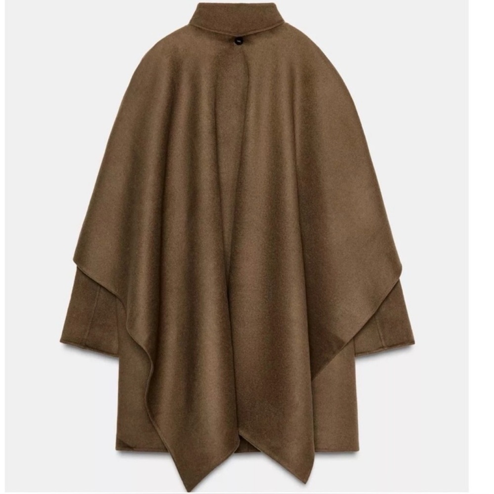 NWT Zara Collection Wool Blend Cape Coat Large Olive - Picture 3 of 5
